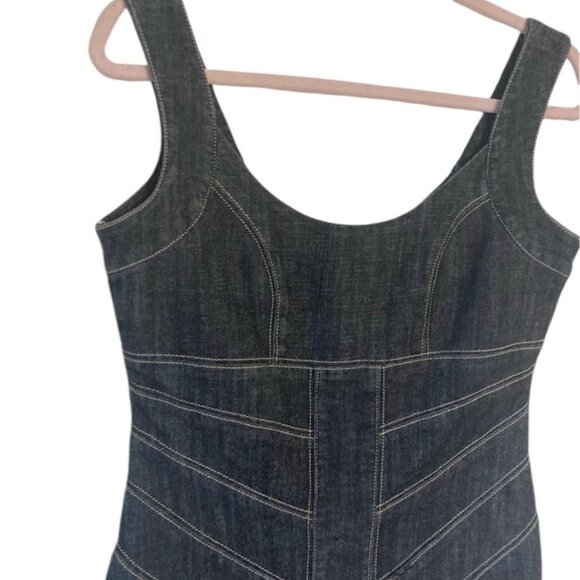Dance In Paris Denim Fitted Mini Dress  Dark Wash Stretchy  Body Con Stitching - Picture 3 of 10